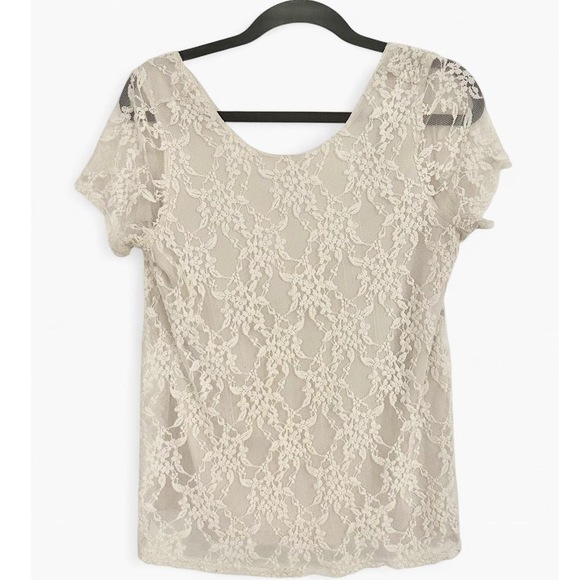 Show me your mumu Farmhouse cottagecore Cream Lace low back short sleeve blouse - Picture 2 of 6